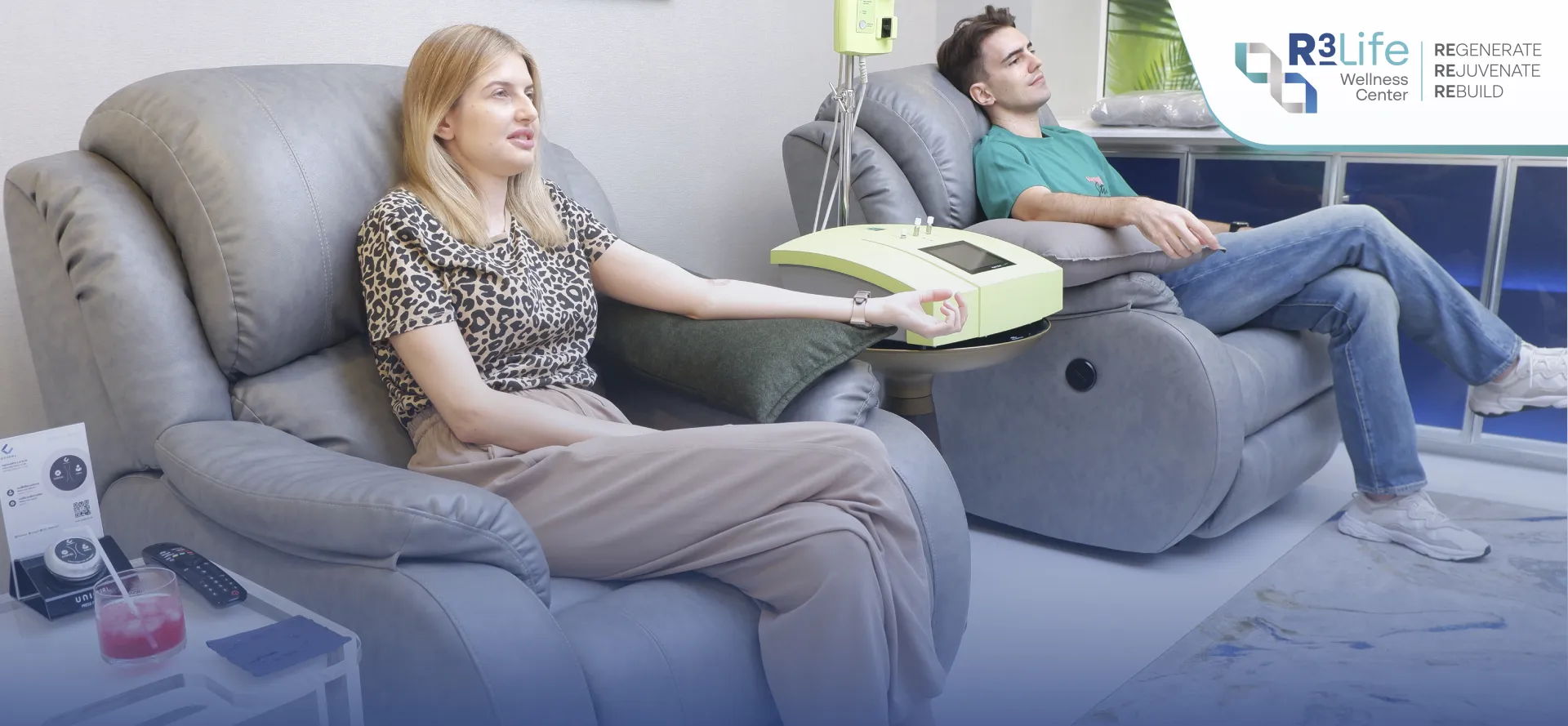 Clients relaxing during IV therapy in a private treatment room at R3 Life