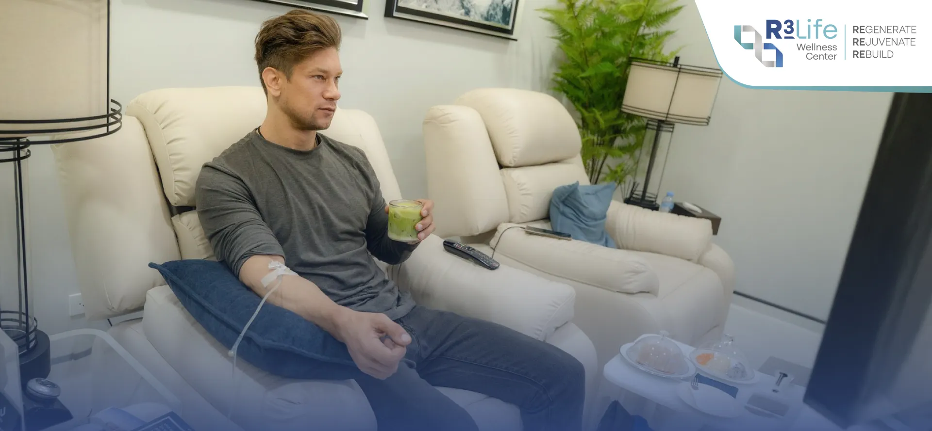 Client enjoying a drink during treatment at R3 Life Wellness Center