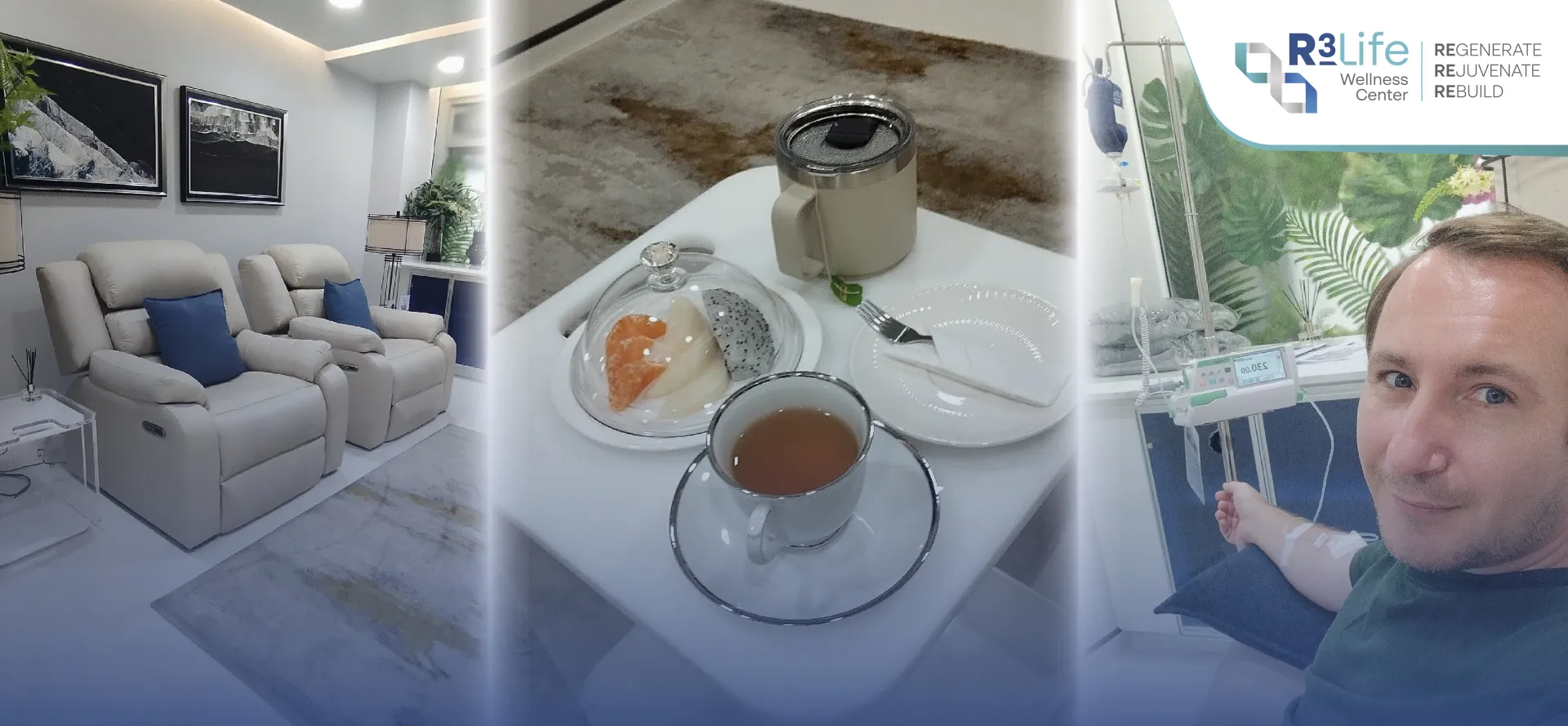 Private treatment lounge, refreshments and a smiling client at R3 Life