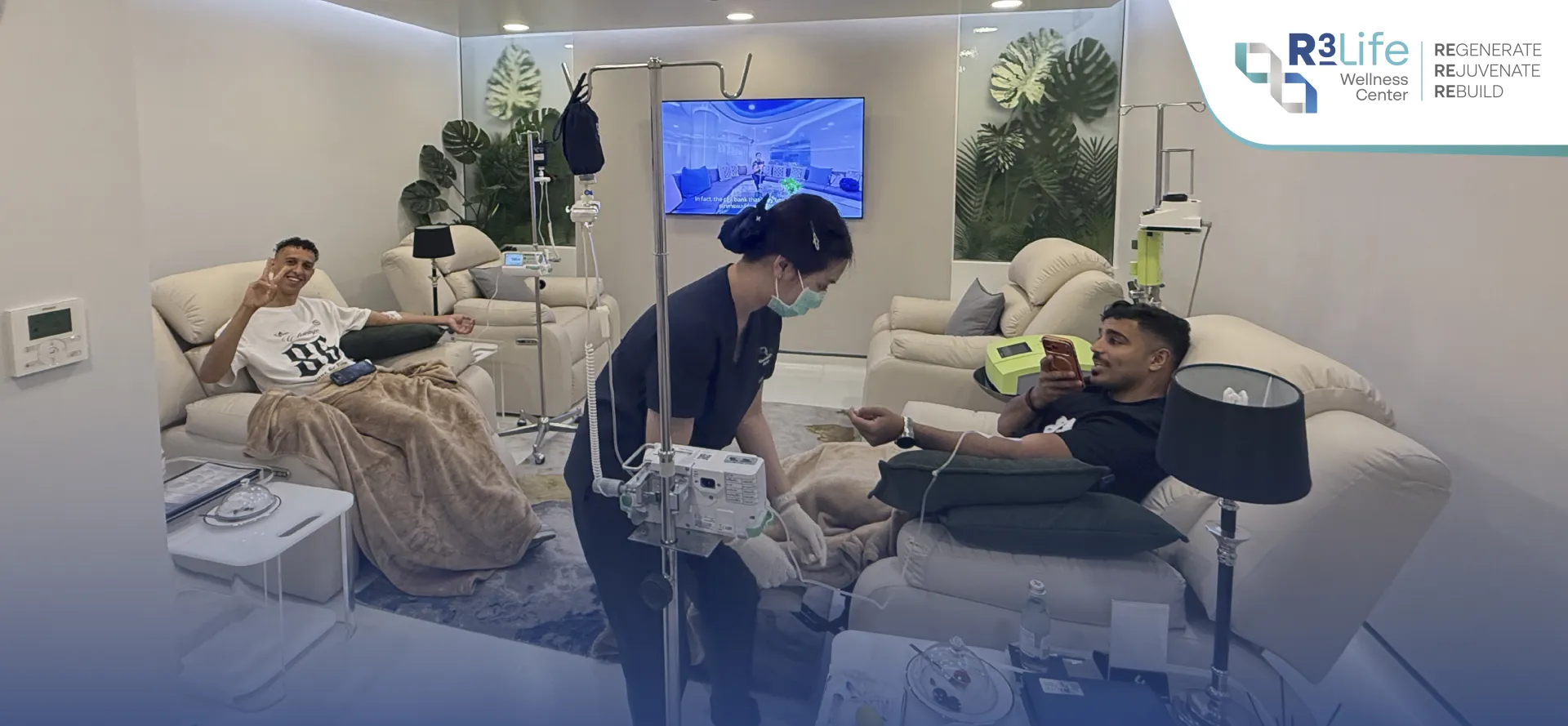 Nurse caring for two clients during IV therapy at R3 Life