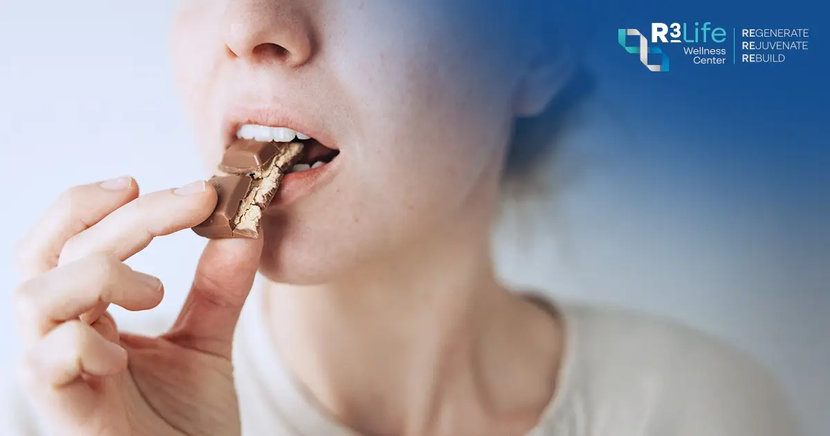 close up woman eating dessert sugar impact on skin aging glycation and wrinkles formation