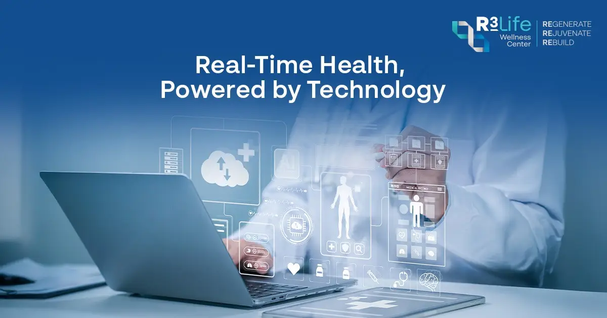 Real-time health and wellness at R3 Life Wellness Center using AI-driven tracking and wearable analytics to personalize longevity, nutrition, and cellular therapy under expert medical care.