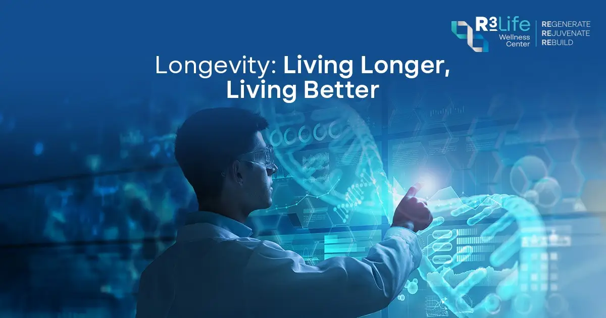 Longevity and cellular rejuvenation at R3 Life Wellness Center with IV therapies and aesthetic treatments to boost vitality, hormone balance, sleep, and youthful appearance.