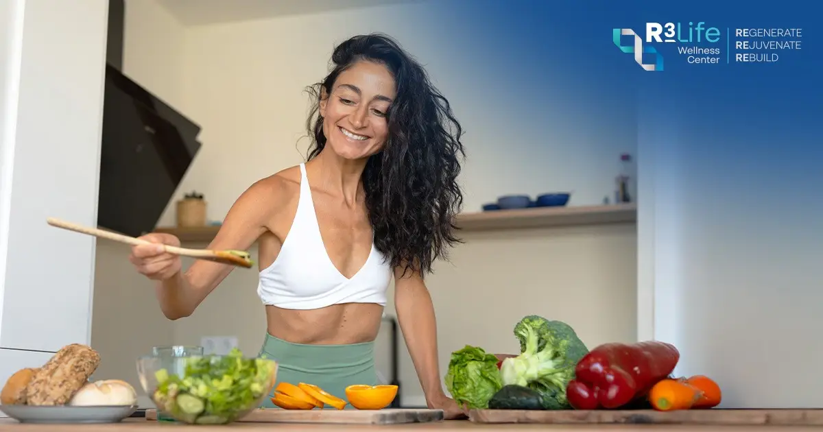 Woman preparing a nutritious meal with fresh vegetables for healthy aging and metabolic health