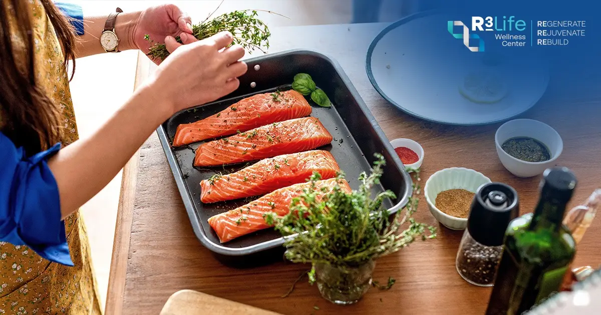 Preparing a healthy salmon meal as part of personalized nutrition and lifestyle medicine