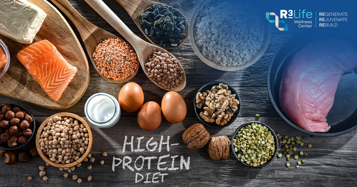 High-protein foods including fish, eggs, meat, legumes, grains, and dairy for muscle health and recovery