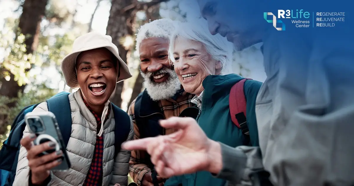 กลุ่มคนทำกิจกรรมเดินป่ากลางแจ้งร่วมกัน สะท้อนการเคลื่อนไหว Social Connection และ Healthspan เพื่อการมีอายุยืน