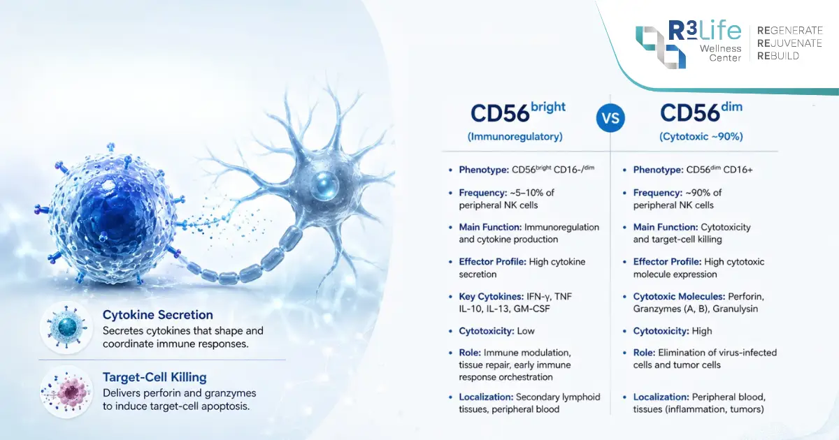 Diagram comparing CD56bright and CD56dim natural killer cell subsets and their functions