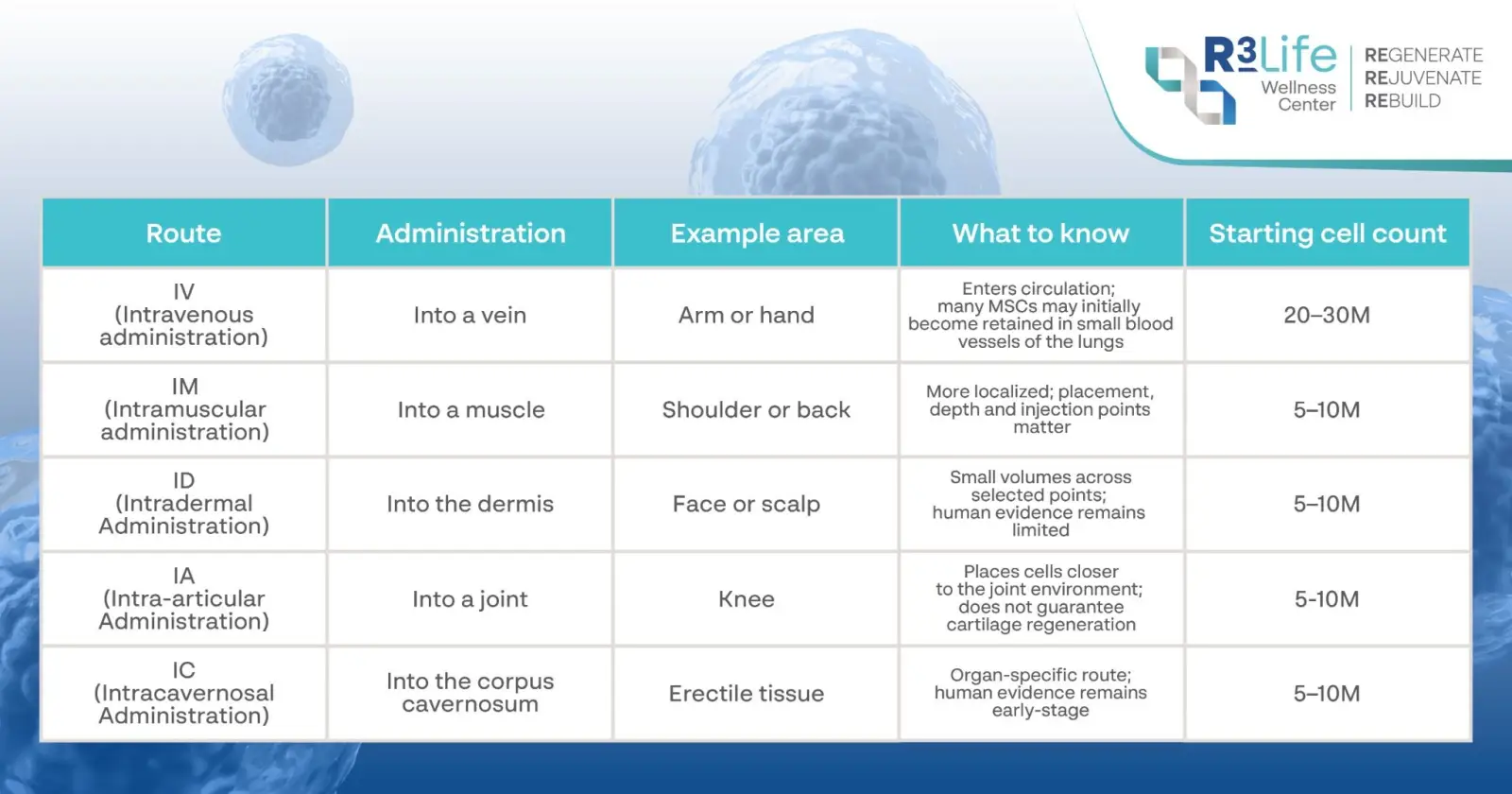 Comparison of five stem cell administration routes: IV, IM, ID, IA and IC