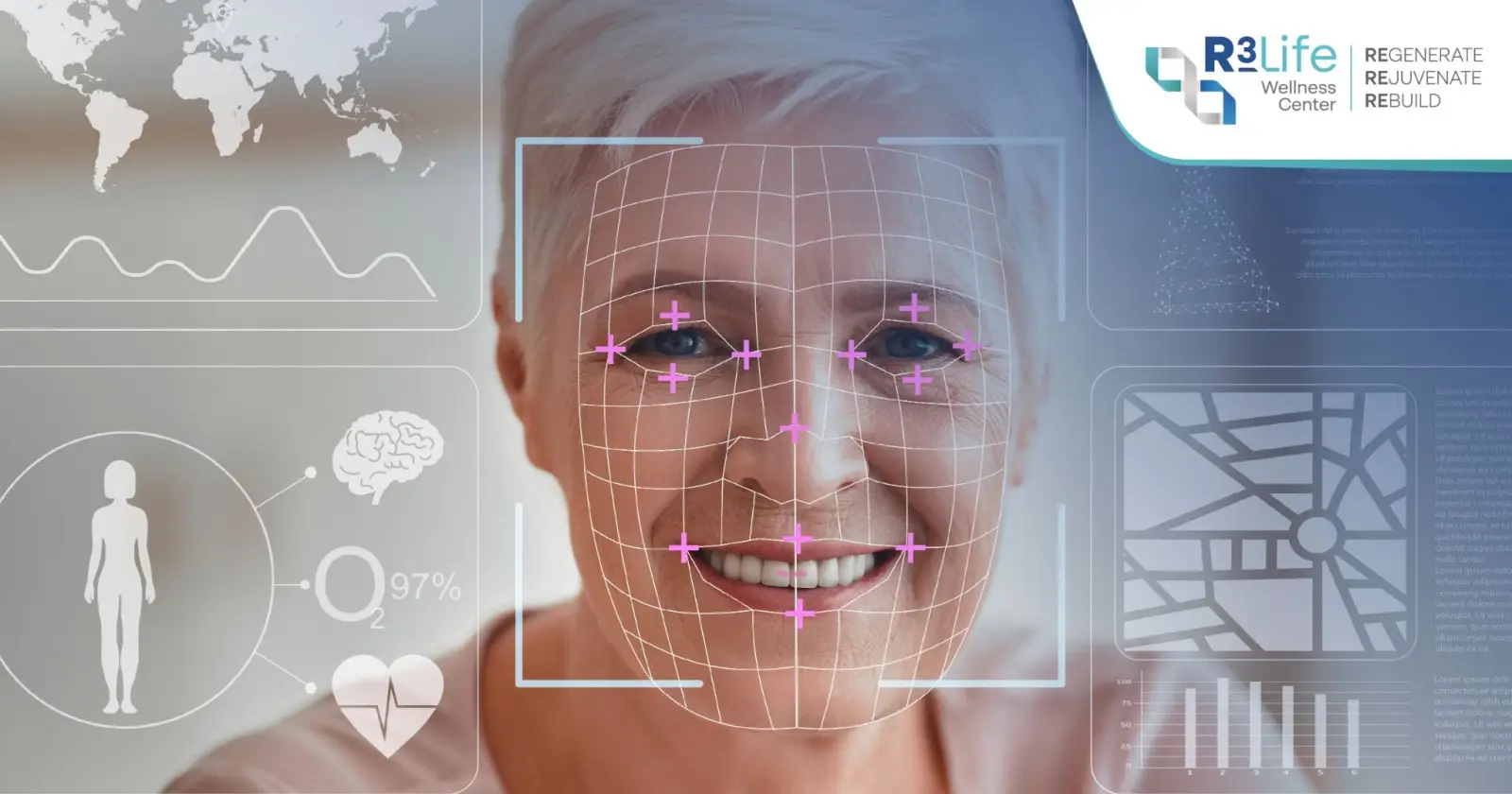 Older woman undergoing AI facial analysis for biological age and FaceAge research